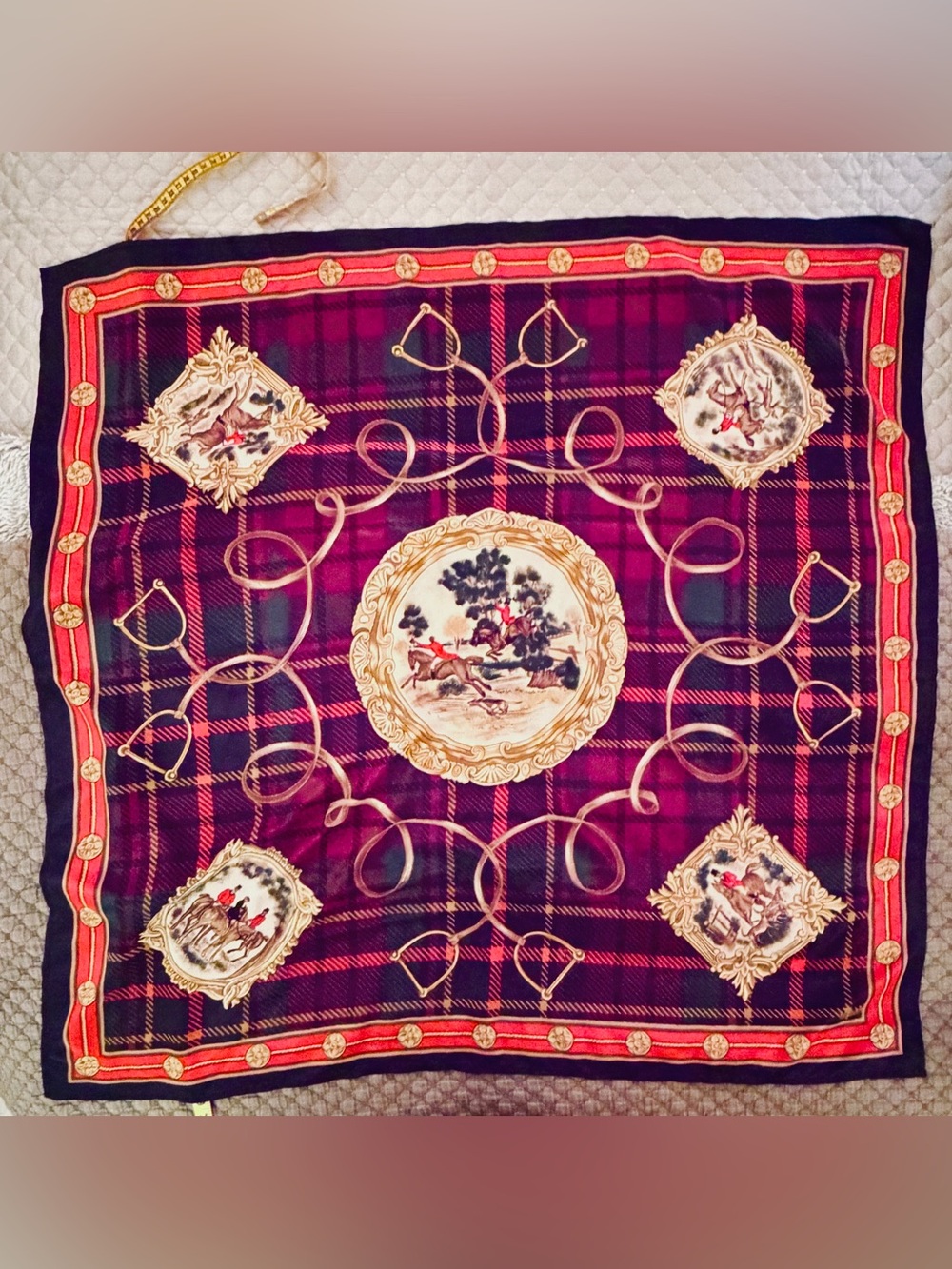 Luxury JG Hook Plaid Scarf with Equestrian Medallions 33”